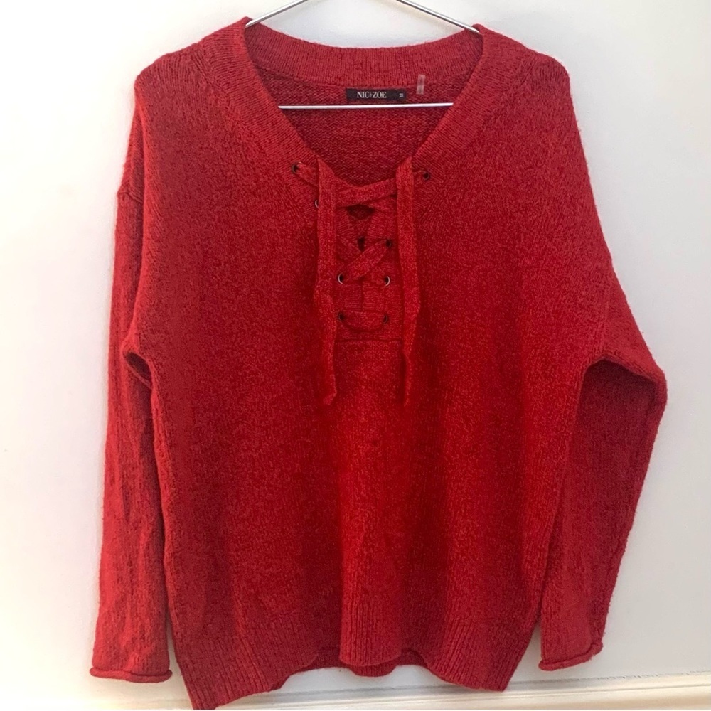 NIC+ZOE
Cotton Bland Rib-Knit Lace-Up Sweater, red